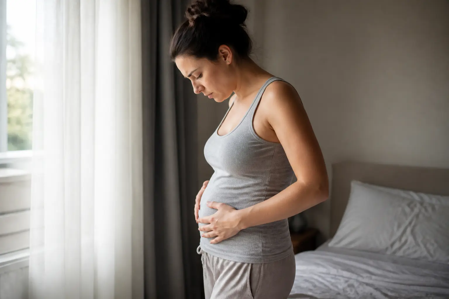 Femme adulte de profil, ventre gonflé comme une femme enceinte, main sur le bas-ventre, regard inquiet, chambre douce.