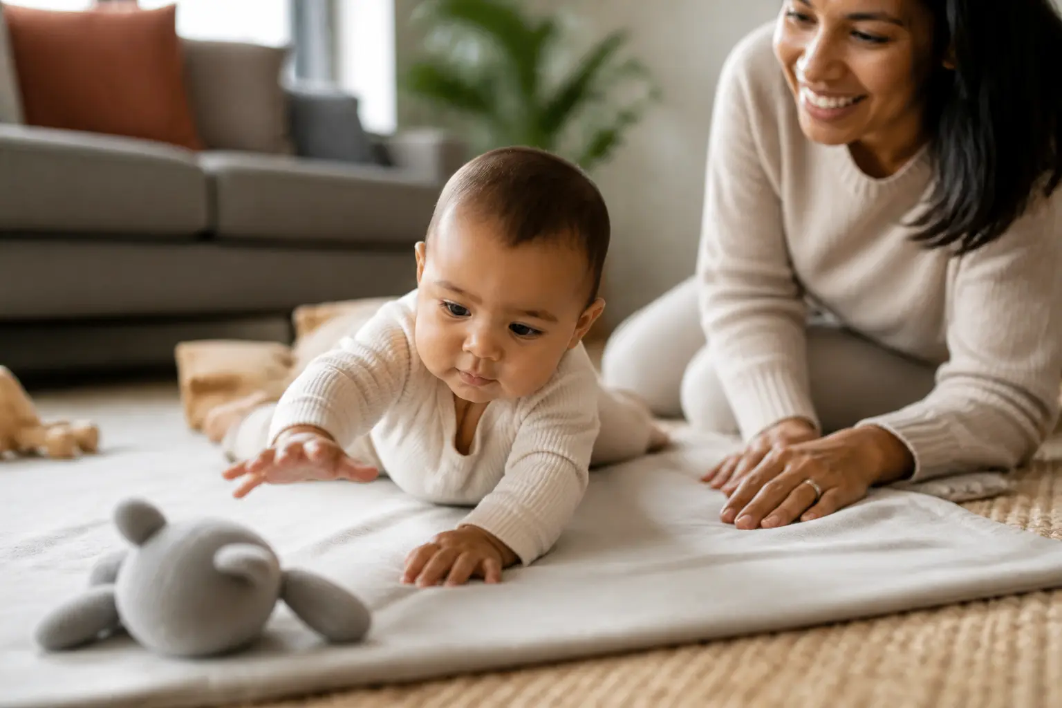 a quel age bebe rampe : bébé sur tapis d’éveil, tendu vers un jouet, mains parentales proches, salon chaleureux