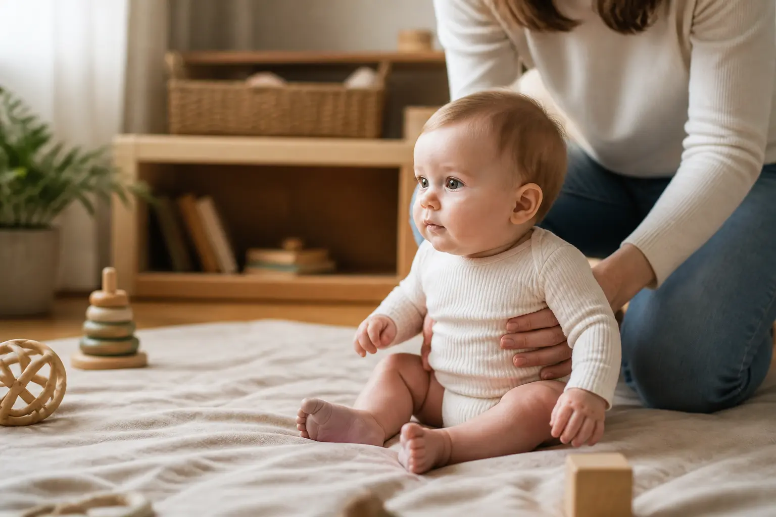 a quel age bébé tient assis : bébé soutenu par ses parents, assis sur un tapis d’éveil dans un intérieur chaleureux
