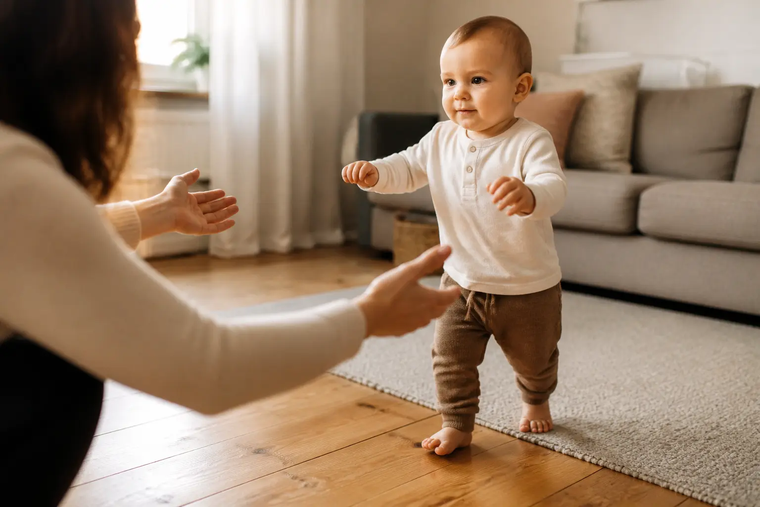 Age marche bebe : un tout-petit fait ses premiers pas vers un parent dans un salon chaleureux et lumineux