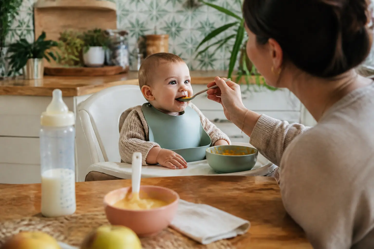 alimentation bebe 8 mois : bébé dans sa chaise haute, parent lui donne une cuillère de purée, biberon et compote à côté