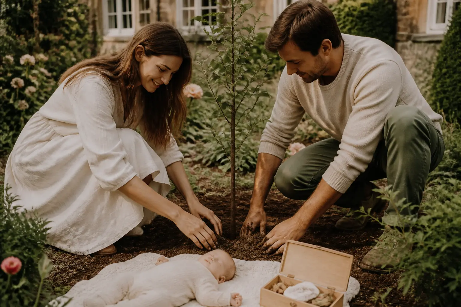 Parents plantant un arbre de naissance dans un jardin français, près d’un bébé et d’un coffret en bois, lumière douce.