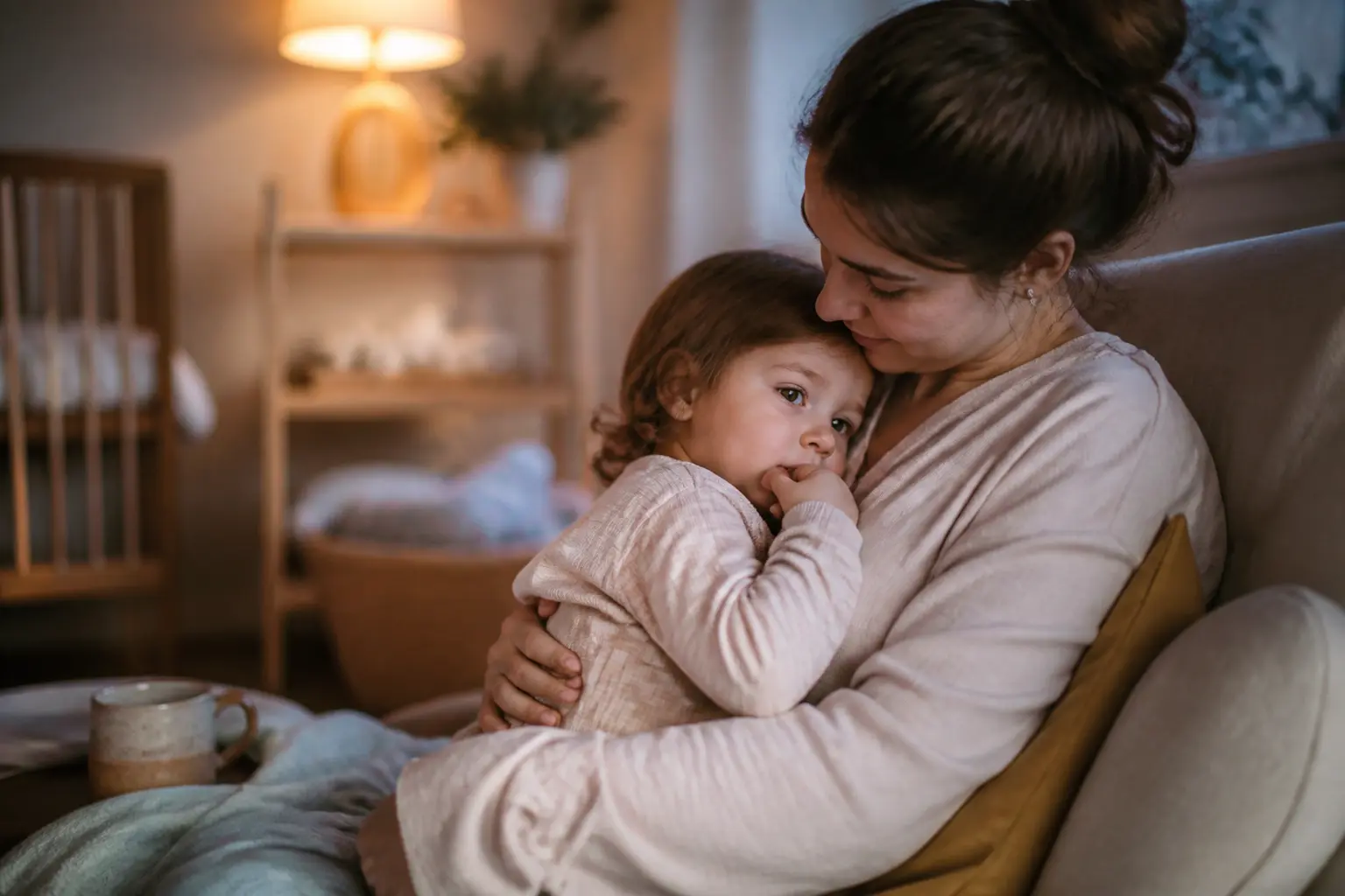 astuce de grand mere pour arreter l'allaitement : mère tendre avec bébé, tasse et couverture dans un salon chaleureux