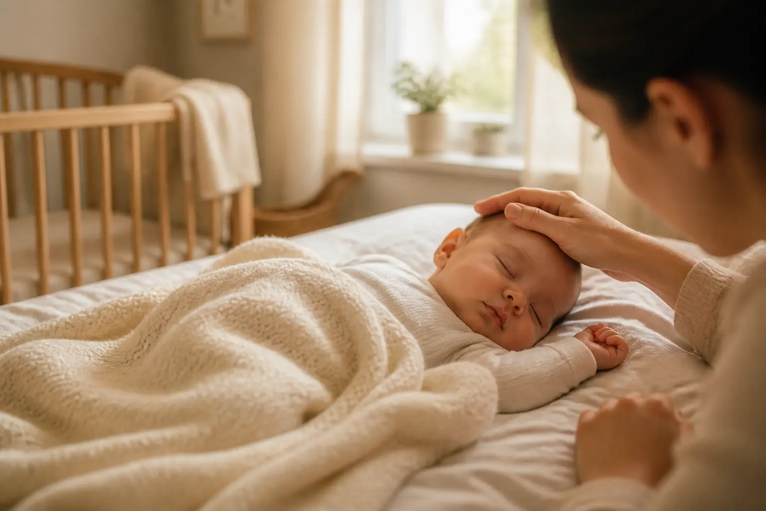Bebe dort beaucoup : nourrisson paisible dans un lit bébé, main rassurante du parent, lumière douce et ambiance cosy