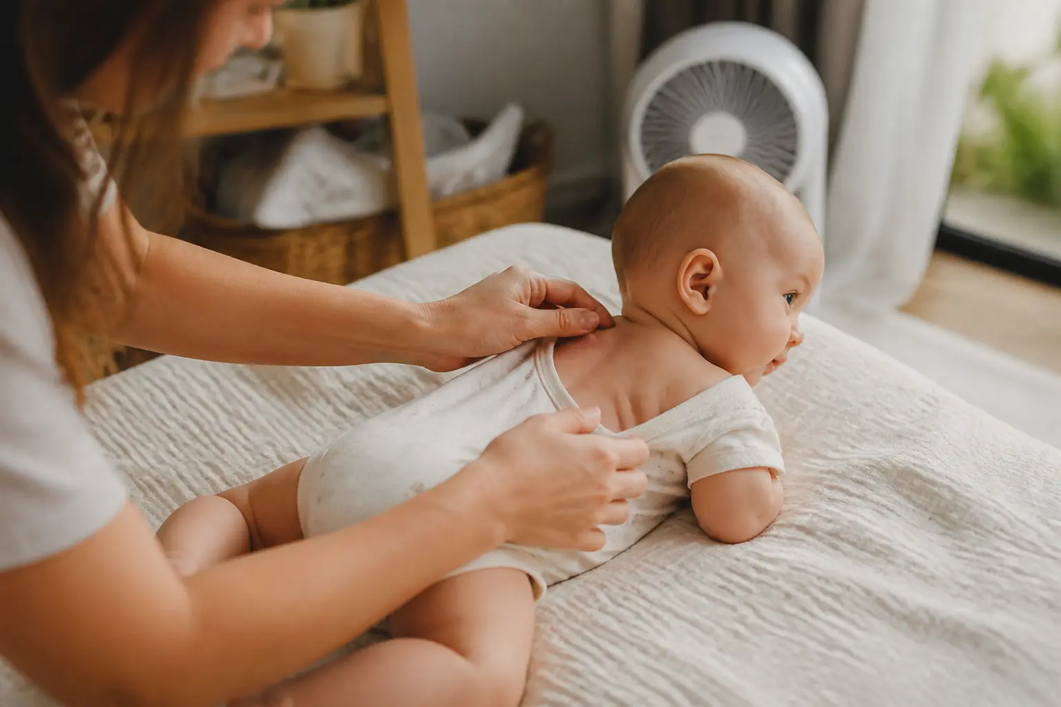 Bouton de chaleur bébé : parent vérifiant le cou et le dos d’un nourrisson dans une chambre fraîche et apaisante