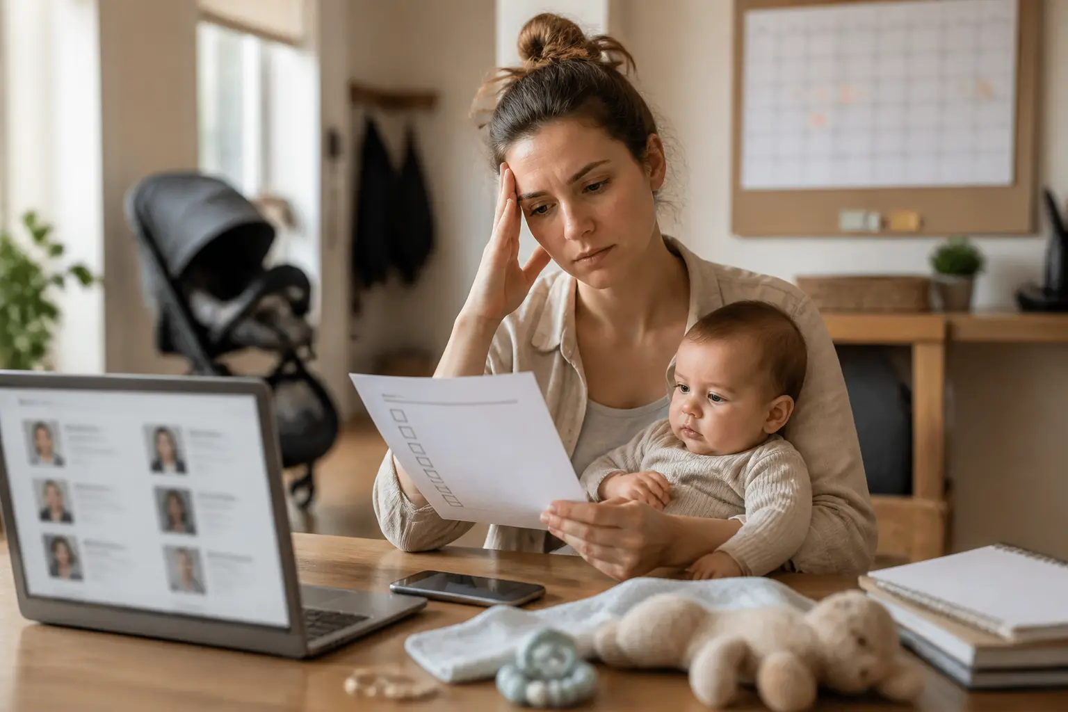 Parent fatigué cherchant nounou, bébé dans les bras, checklist et téléphone dans un intérieur chaleureux et organisé