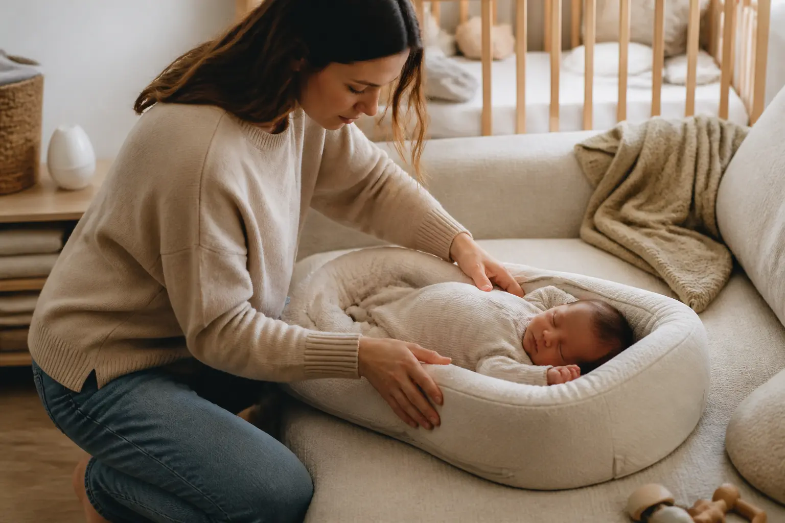 Parent déposant un nouveau-né endormi dans un cocon bebe sur un canapé, ambiance douce et chaleureuse.