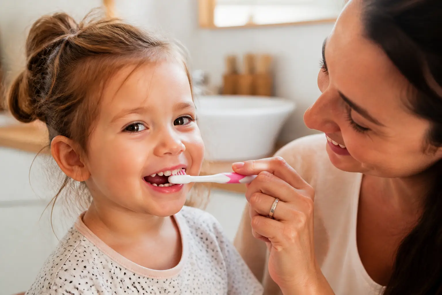 Combien de dents de lait : parent brossant les dents d’un jeune enfant dans une salle de bain lumineuse et chaleureuse
