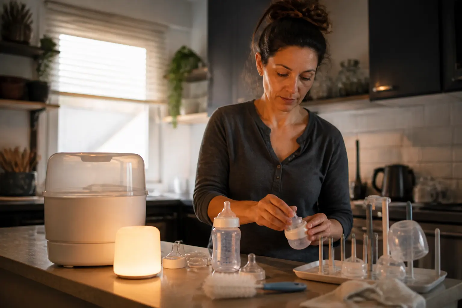 Comment steriliser les biberons : parent prépare un biberon propre dans une cuisine moderne, avec stérilisateur et accessoires.