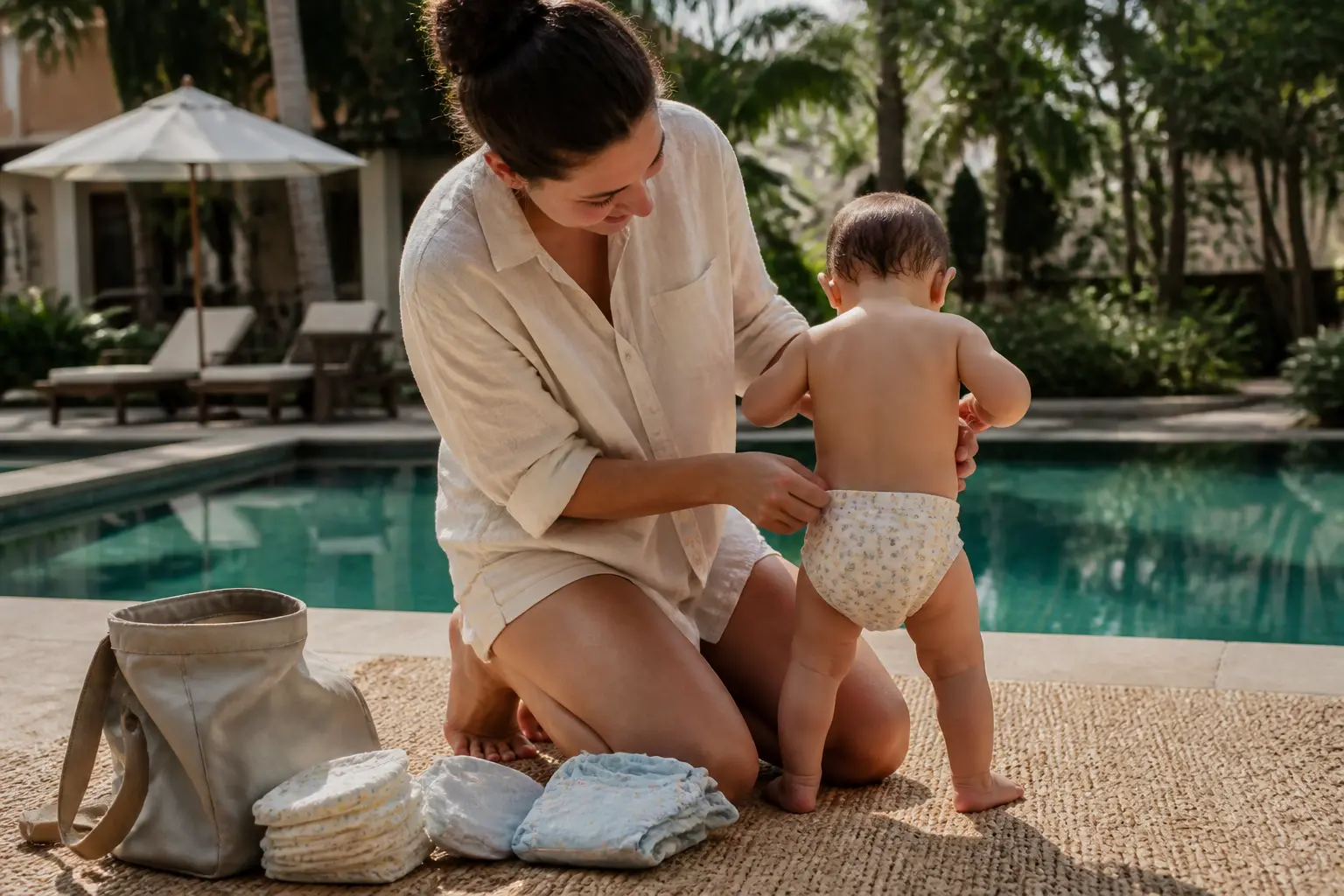 Parent préparant un bébé à la piscine avec une couche de bain bébé, ambiance familiale et hygiénique.