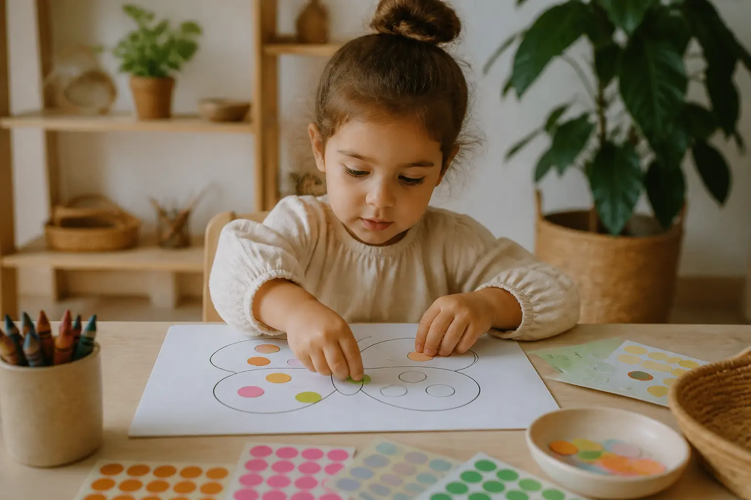 Enfant collant des gommettes sur un dessin à gommettes, avec feuilles, crayons et table d’activité en lumière douce
