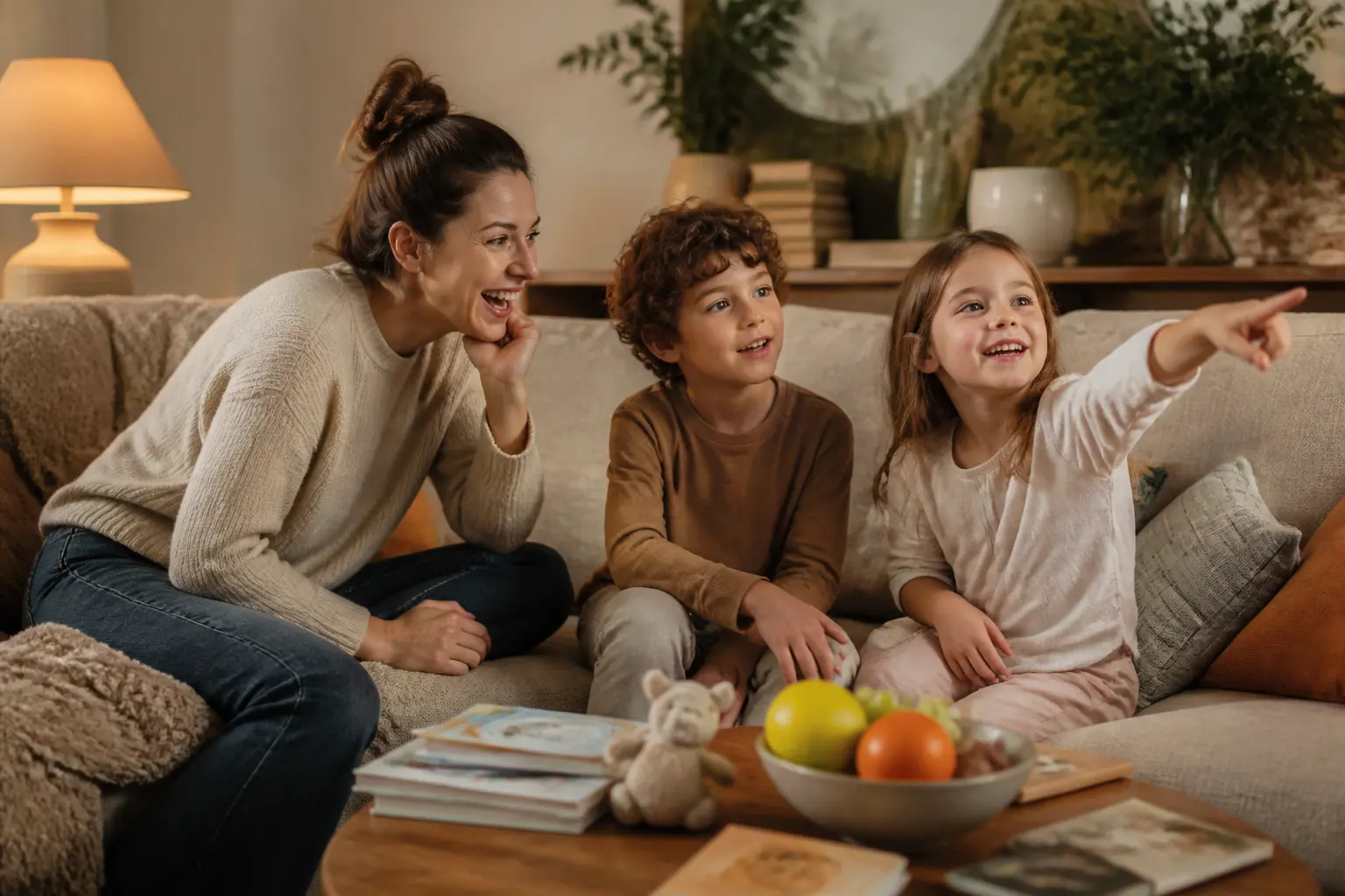 Famille dans un salon chaleureux jouant à une devinette enfant, parent et deux enfants souriants autour d’une table basse