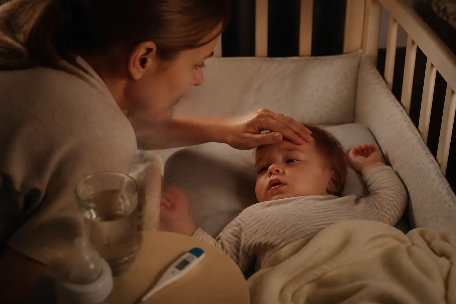 Parent vérifie un bébé fiévreux la nuit, illustrant fievre bebe comment faire baisser, thermomètre à côté.