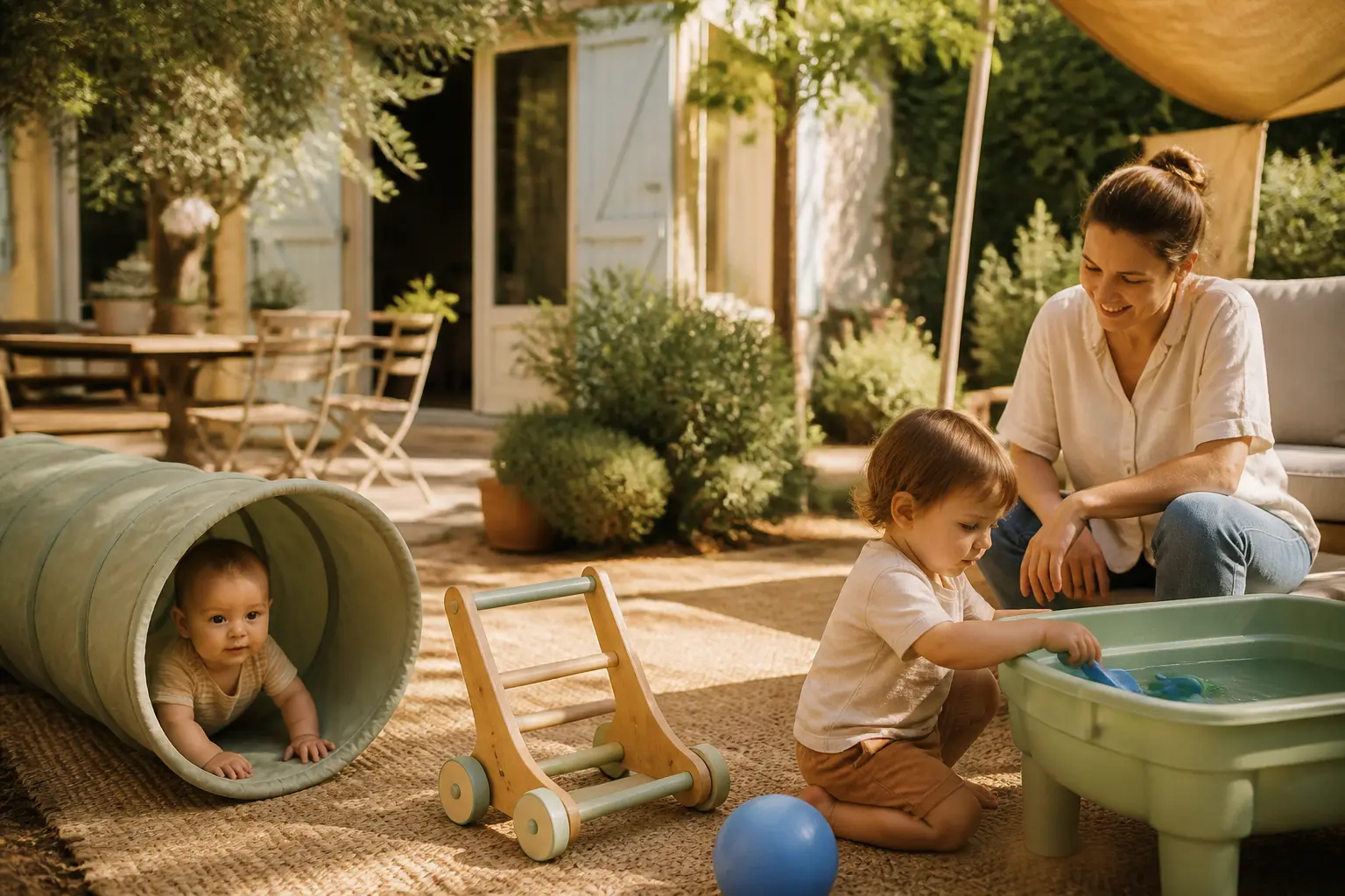 Famille française en jardin avec jeux extérieurs bébé, bébé et toddler jouant sous surveillance, ambiance estivale sûre et douce