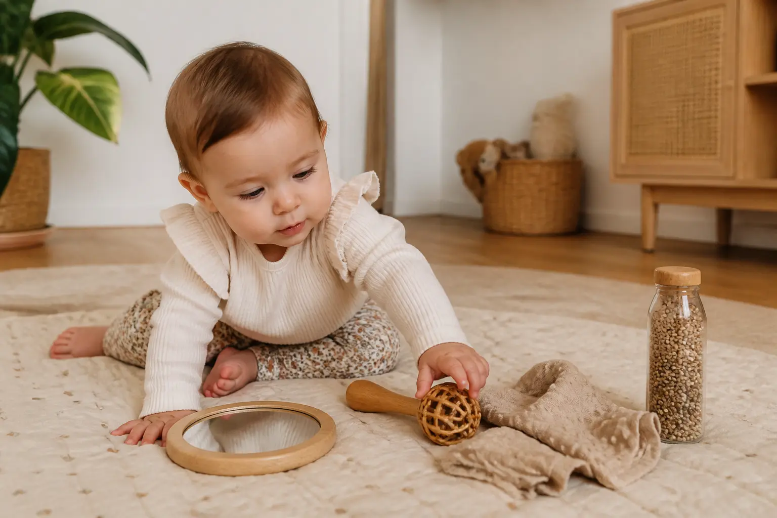 Bébé curieux explorant des jeux sensoriel bebe sur tapis, miroir, tissu texturé, hochet et bouteille sensorielle à la maison