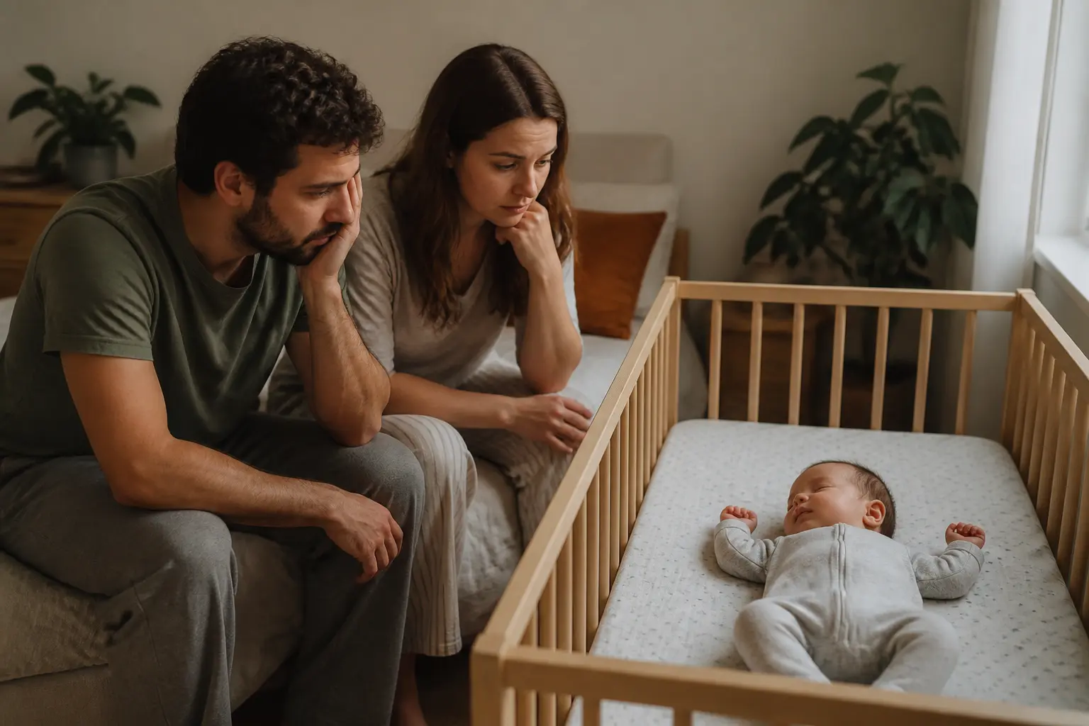 Jeune couple inquiet près d’un nourrisson dormant sur le dos, sécurité du sommeil et mort subite du nourrisson age.