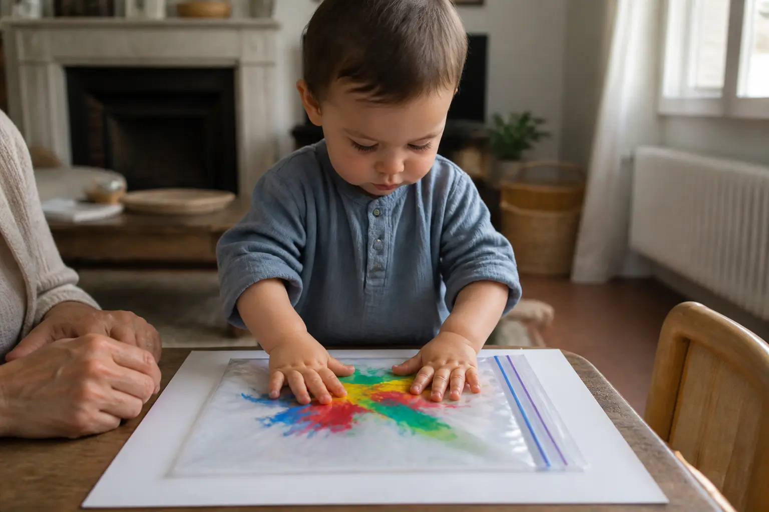 Peinture propre : un tout-petit explore des taches de peinture dans un sachet scellé sur une table basse, en salon lumineux.