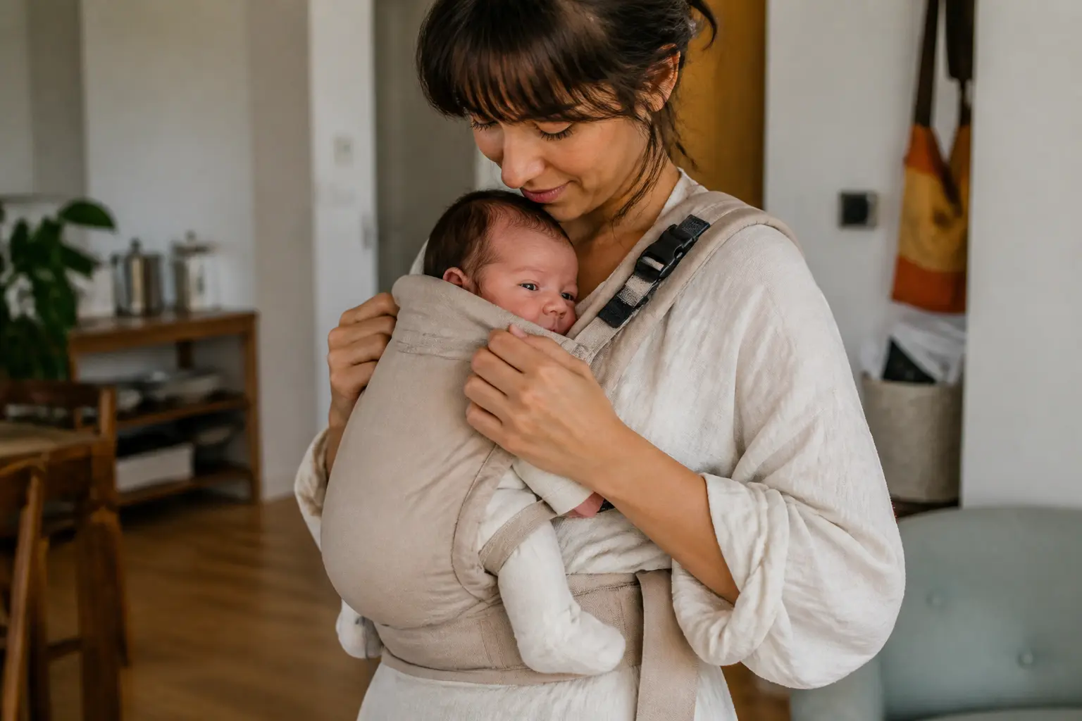 Portage bebe des la naissance : jeune parent français portant un nouveau-né en porte-bébé physiologique à la maison.