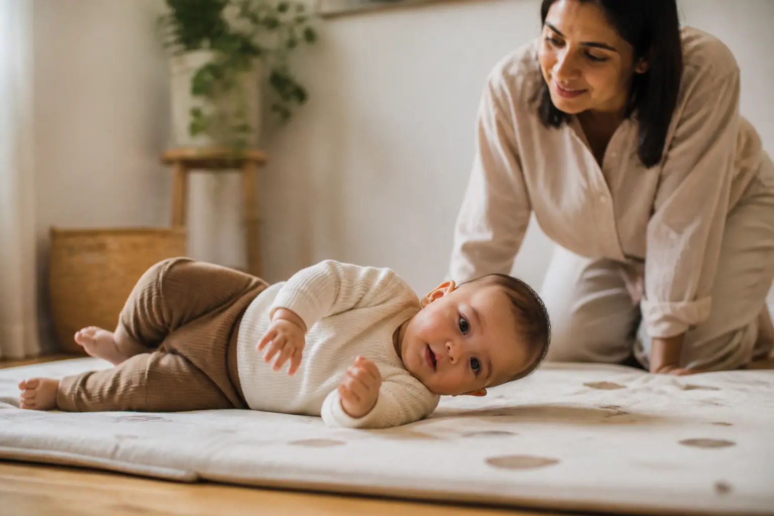 Quand bébé se retourne, un nourrisson roule sur un tapis d’éveil, parent attentif à proximité, lumière naturelle douce