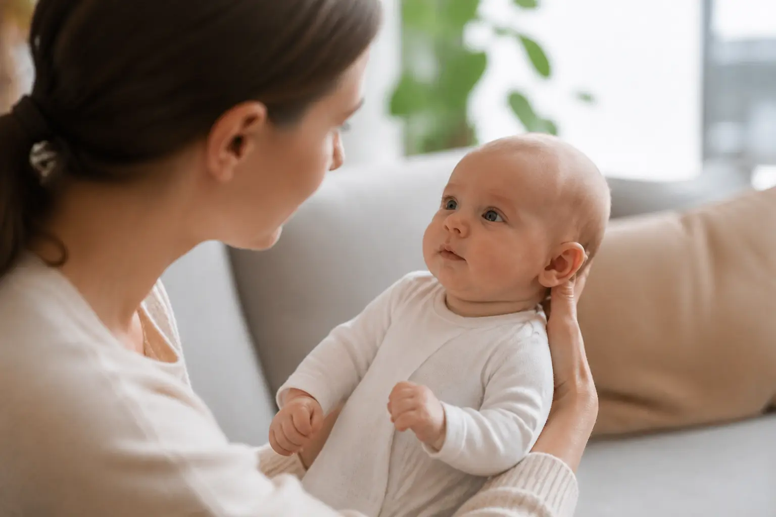 Quand bebe tient sa tete, un parent soutient doucement un bébé dans un intérieur chaleureux et rassurant.