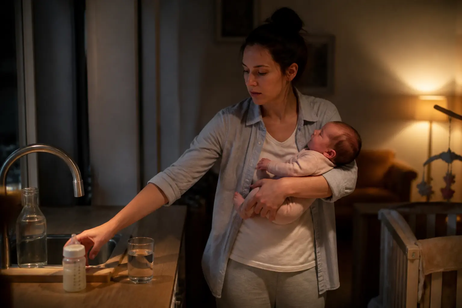 Quelle eau pour bebe : parent tenant un nouveau-né près d’un biberon, d’un verre d’eau et d’un robinet en cuisine chaleureuse.