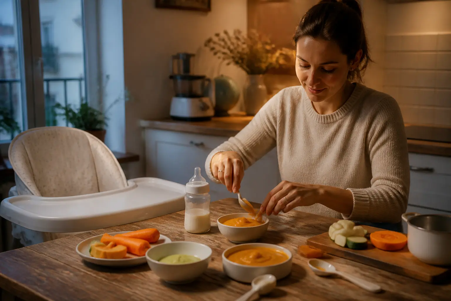Repas du soir pour bebe préparé dans une cuisine familiale, purées de légumes, cuillère, biberon et chaise haute près de la table