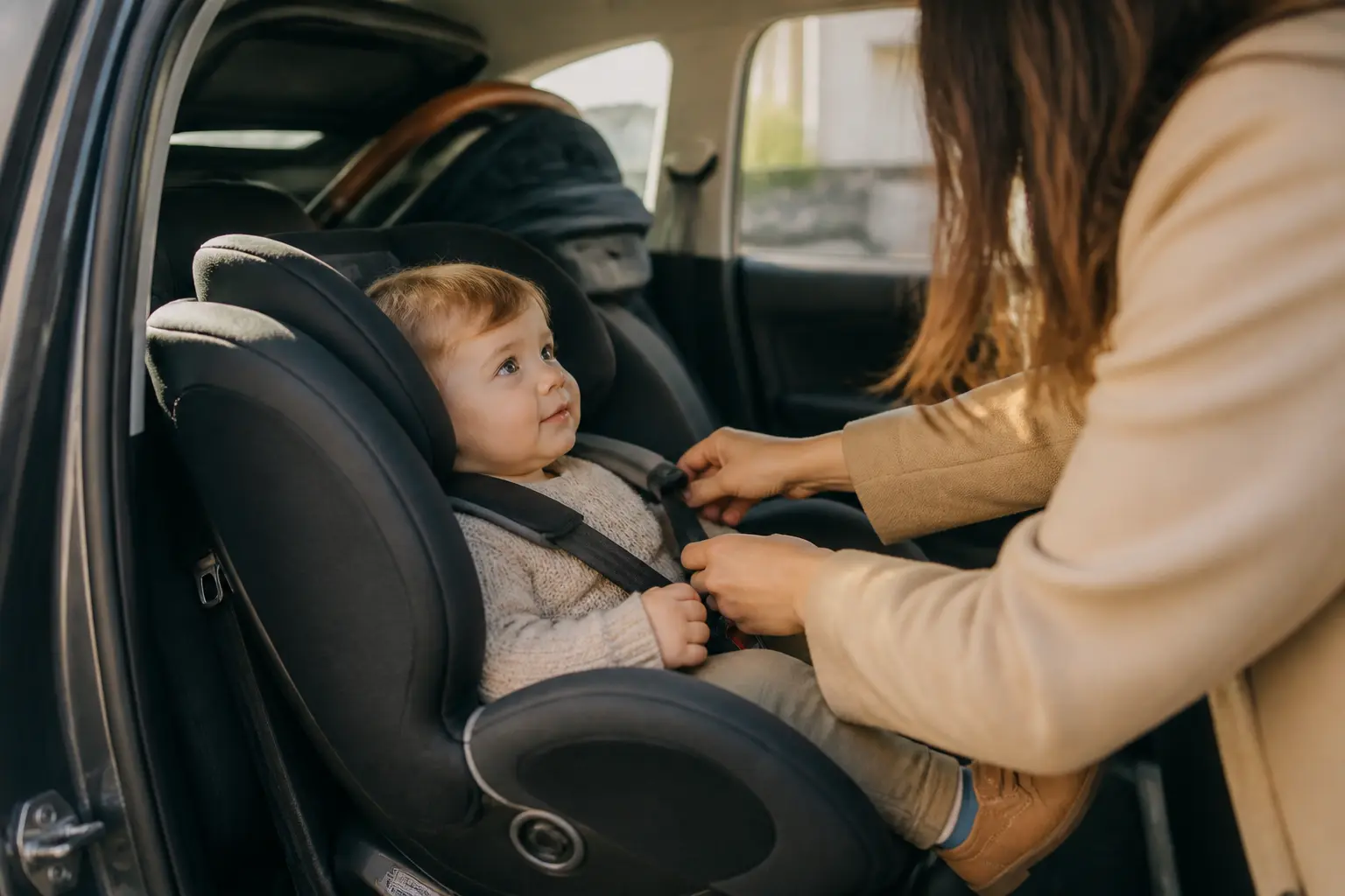 Siège auto dos à la route dans une voiture familiale, enfant protégé, parent vérifie le harnais, lumière naturelle douce