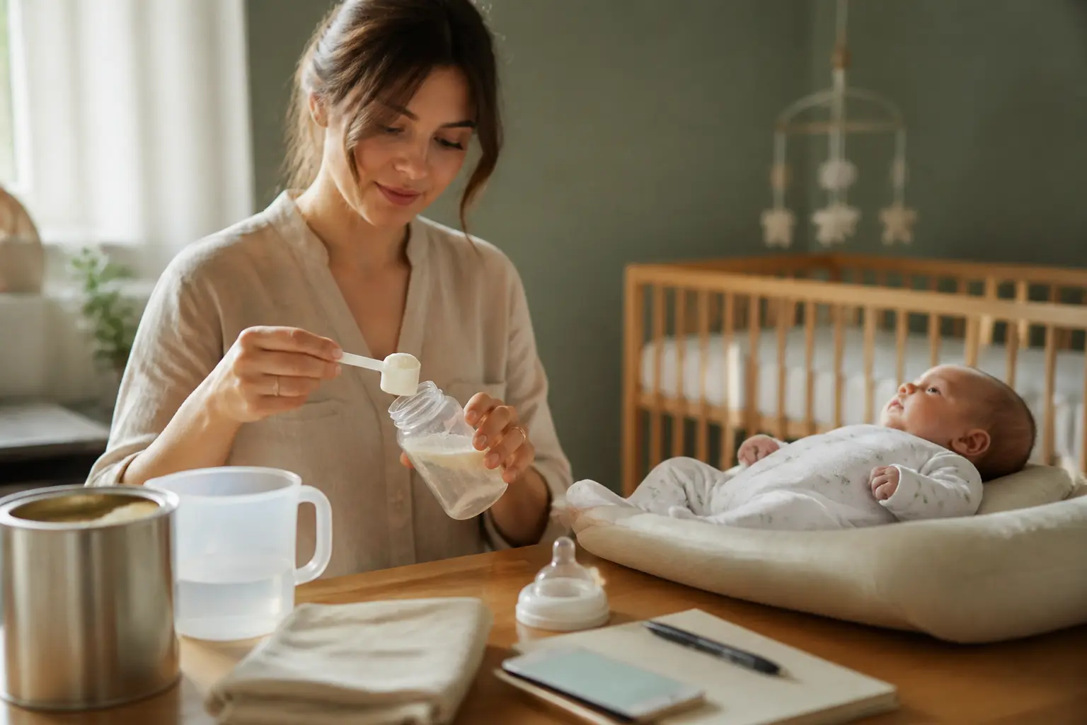 tableau quantité lait bébé poids : parent prépare un biberon près d’un nouveau-né dans une chambre douce et lumineuse