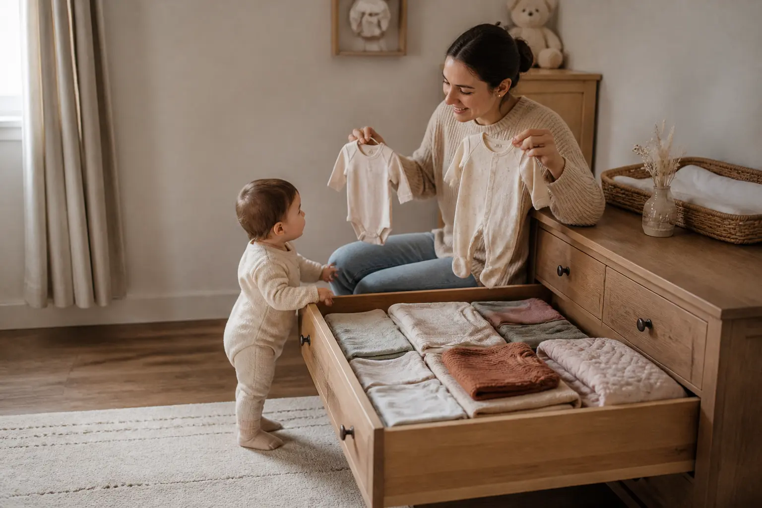 Parent comparant la taille 80 cm bebe avec body, pyjama et pantalon dans une chambre douce et lumineuse