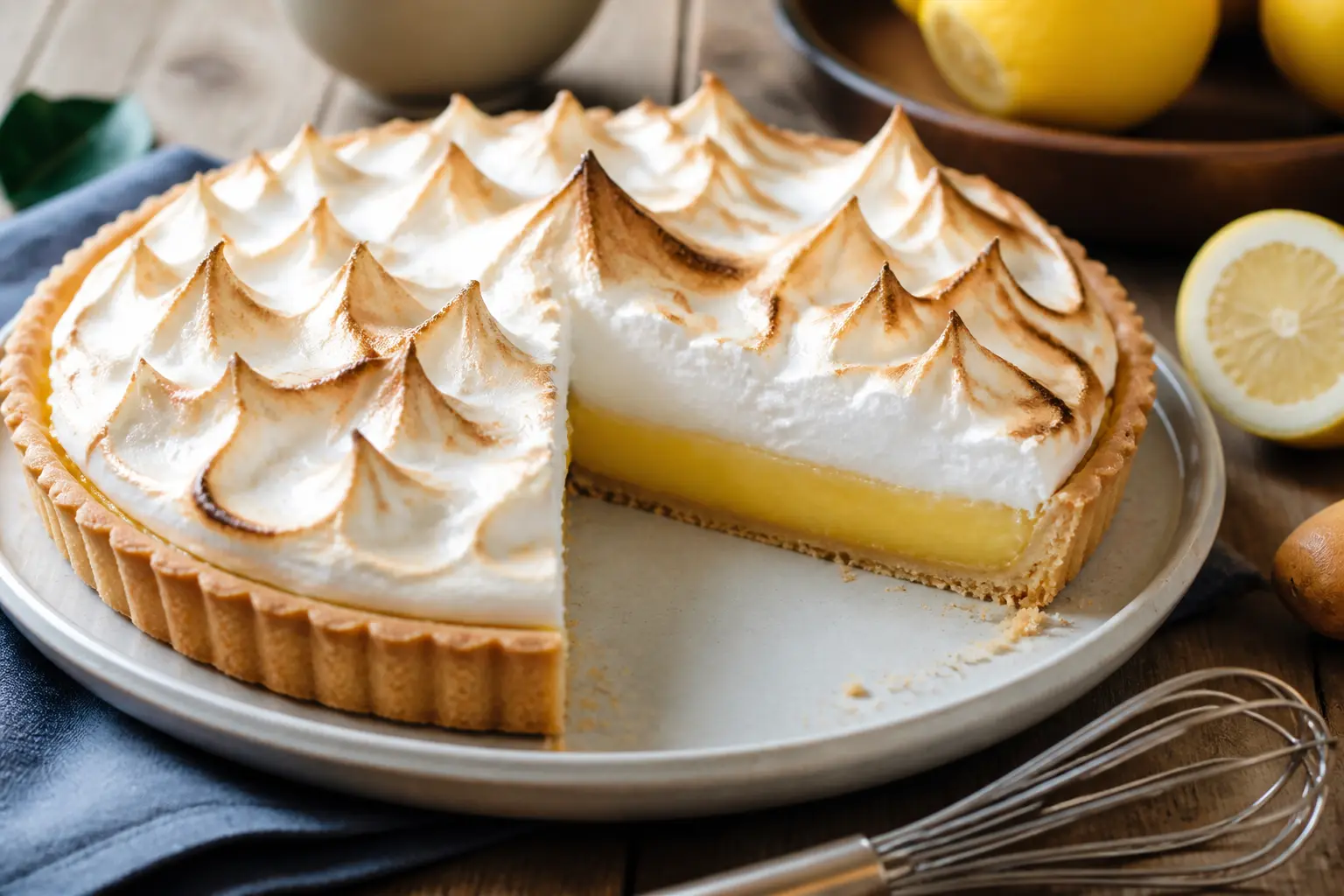Tarte citron meringuée enceinte : tarte maison dorée, tranche coupée, crème citron cuite, meringue ferme, citrons frais.