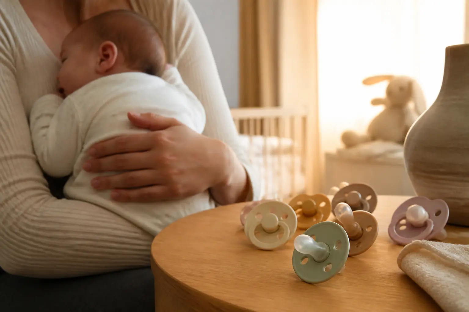 Tétine physiologique bebe sur table de chevet, bébé dans les bras, plusieurs modèles comparés en chambre douce et lumineuse