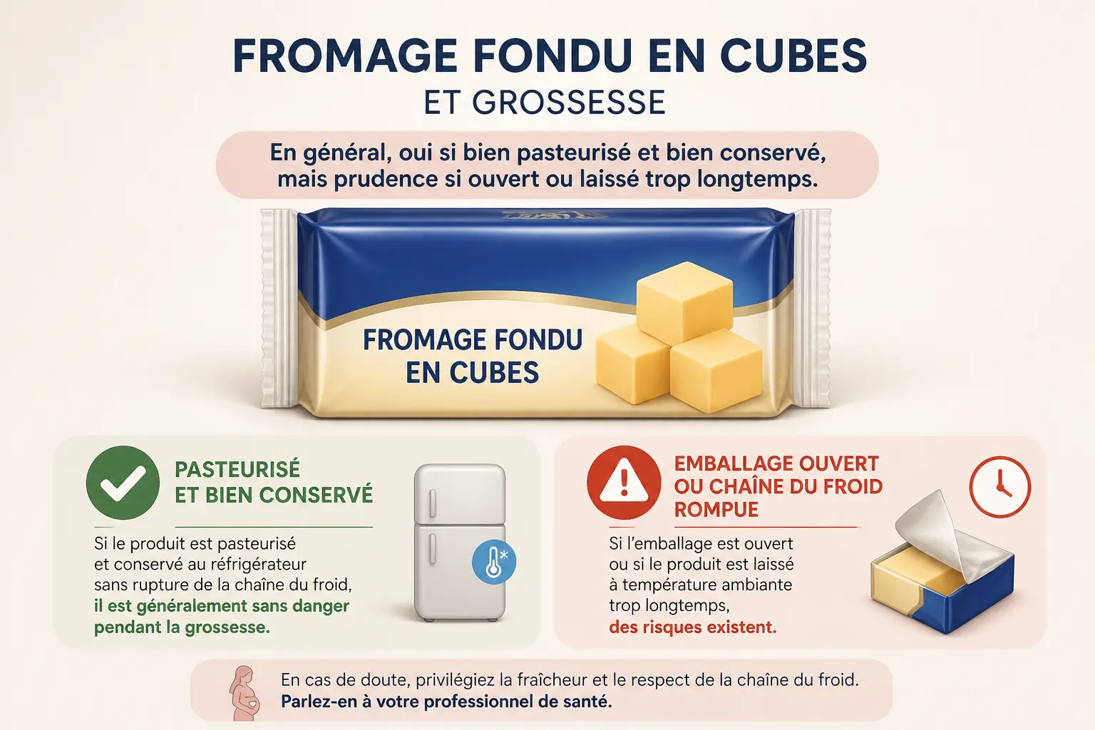 Apéricube enceinte : pack de fromages pasteurisés, check vert, alerte emballage ouvert et frigo.