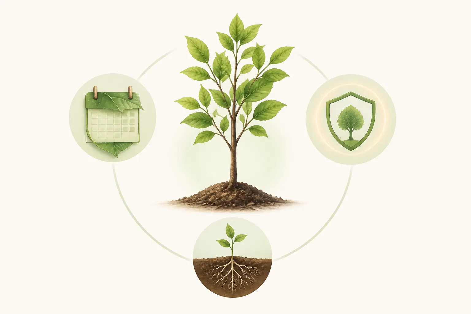 Jeune arbre de naissance au centre, entouré d’un calendrier, d’un halo protecteur et d’un planté raciné.