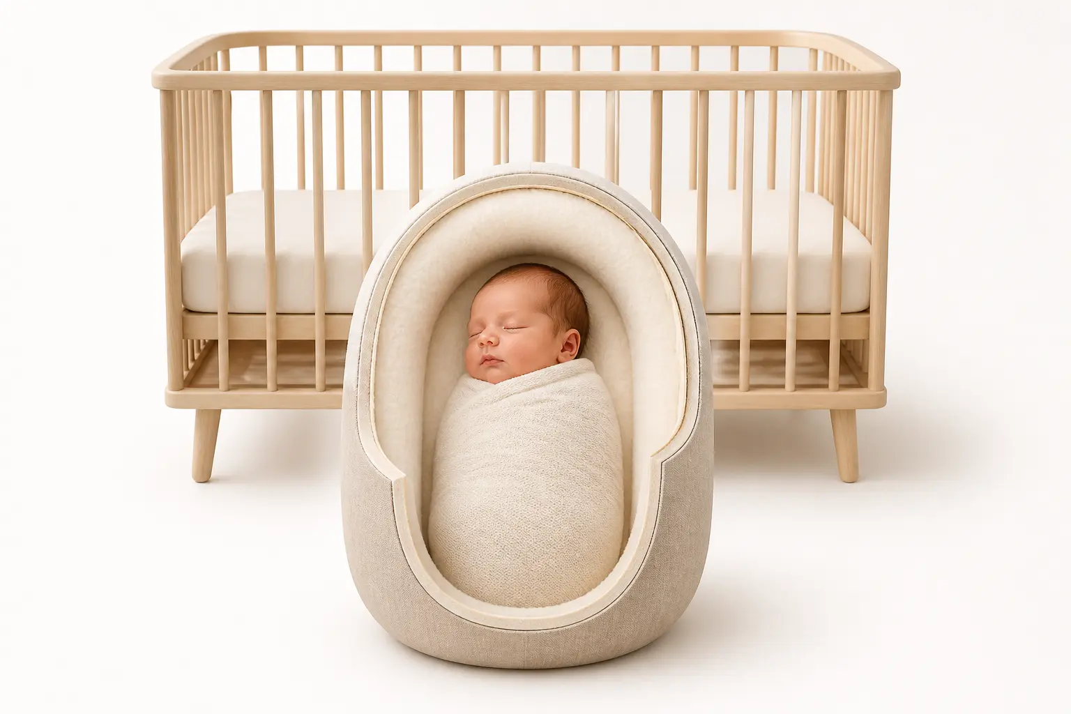 Cocon bebe en tissu avec nouveau-né enveloppé, distinct d’un lit bébé vide en arrière-plan