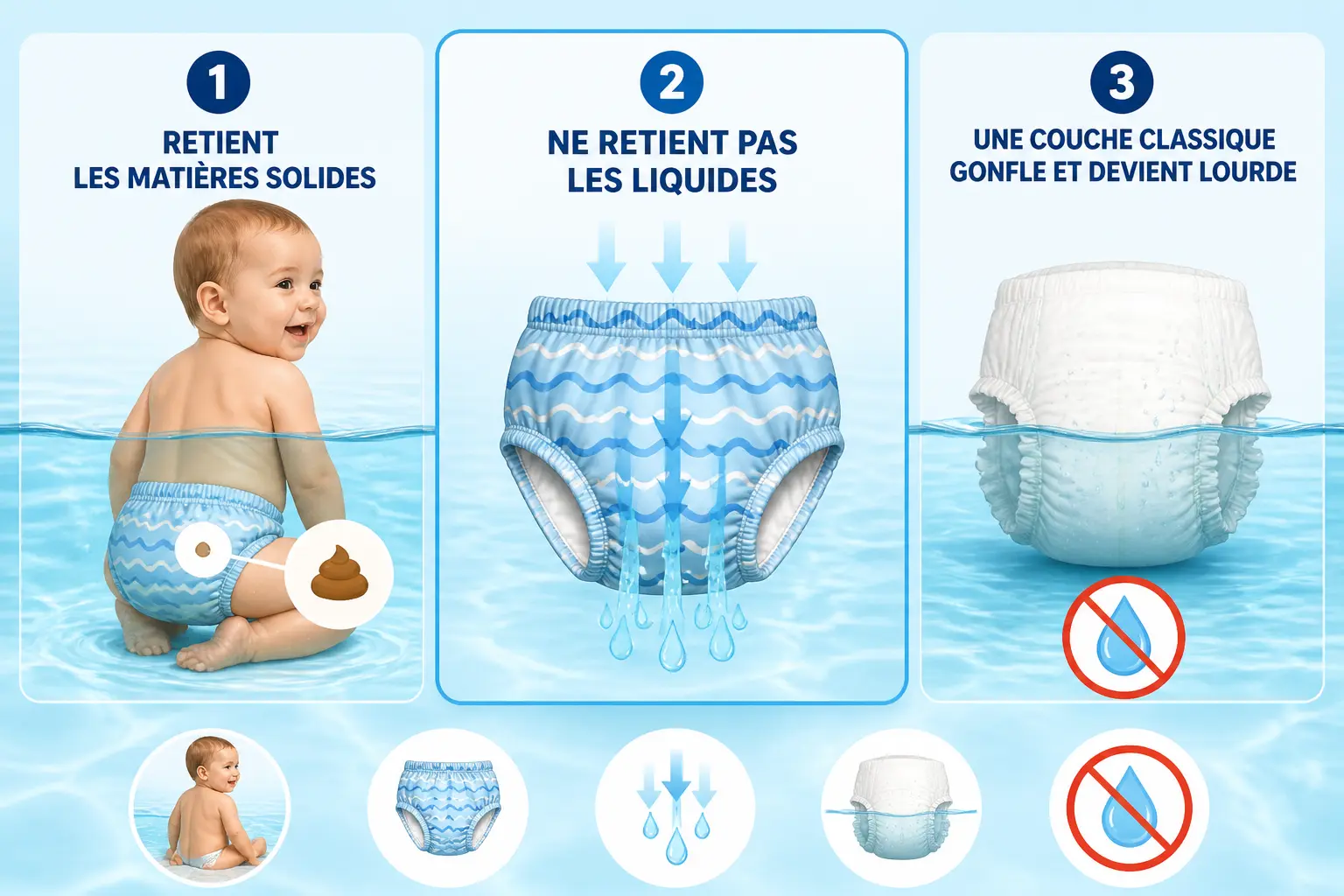 Couche de bain bébé : infographie comparant rétention des solides et passage de l’eau, avec couche classique gonflée.