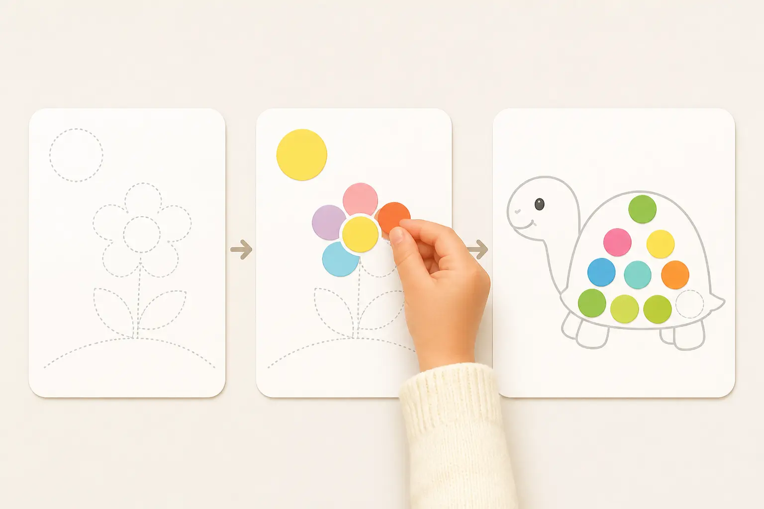 Dessin à gommettes : progression d’un enfant collant des stickers sur des formes et un animal guidé.
