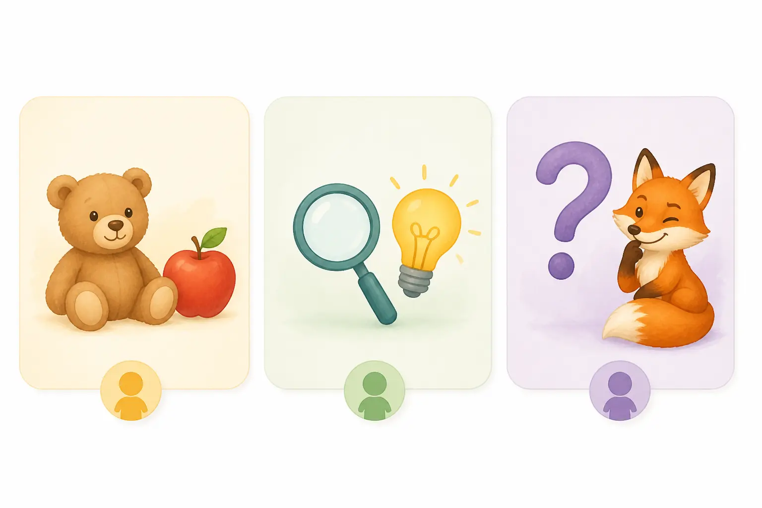 Illustration éditoriale de devinette enfant par âge : ours, pomme, loupe, ampoule, point d’interrogation et renard.