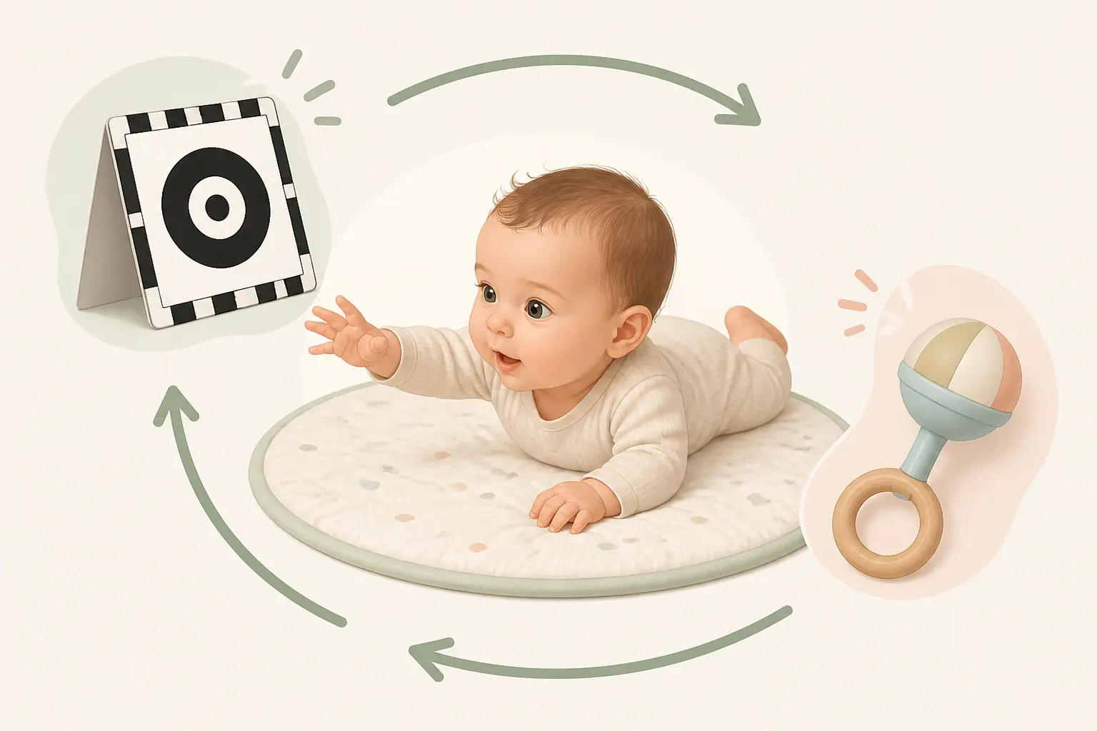 Jeux sensoriel bebe : bébé sur tapis, carte noir et blanc, hochet et boucle sensorielle douce.