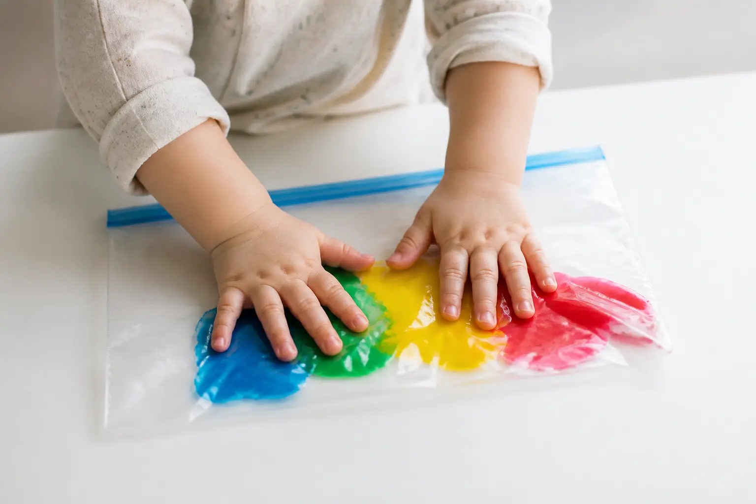 Tout-petit explorant la peinture propre avec ses mains sur un sachet transparent rempli de couleurs vives.