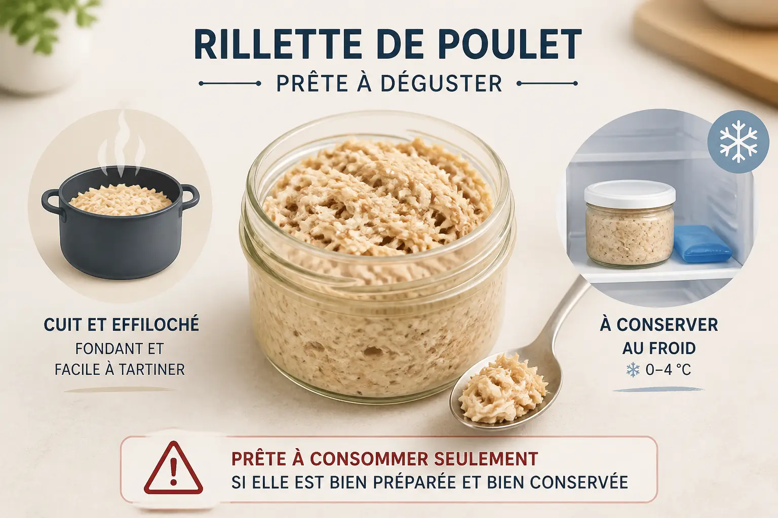 Rillette de poulet enceinte : bocal ouvert, poulet effiloché cuit, cuillère, frigo et symbole d’alerte.