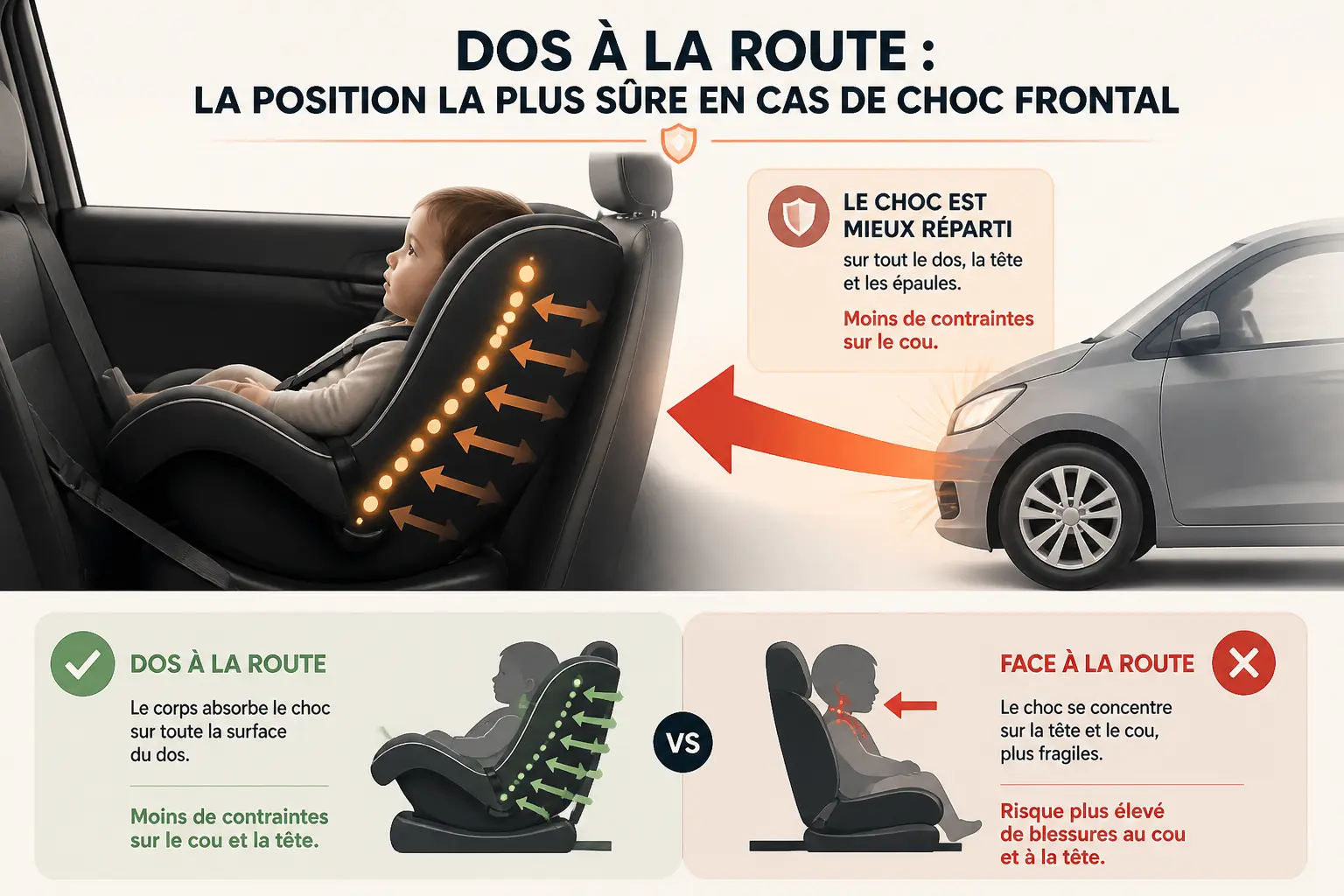 Siège auto dos à la route face à un choc frontal, impact réparti sur le dos et la tête de l’enfant