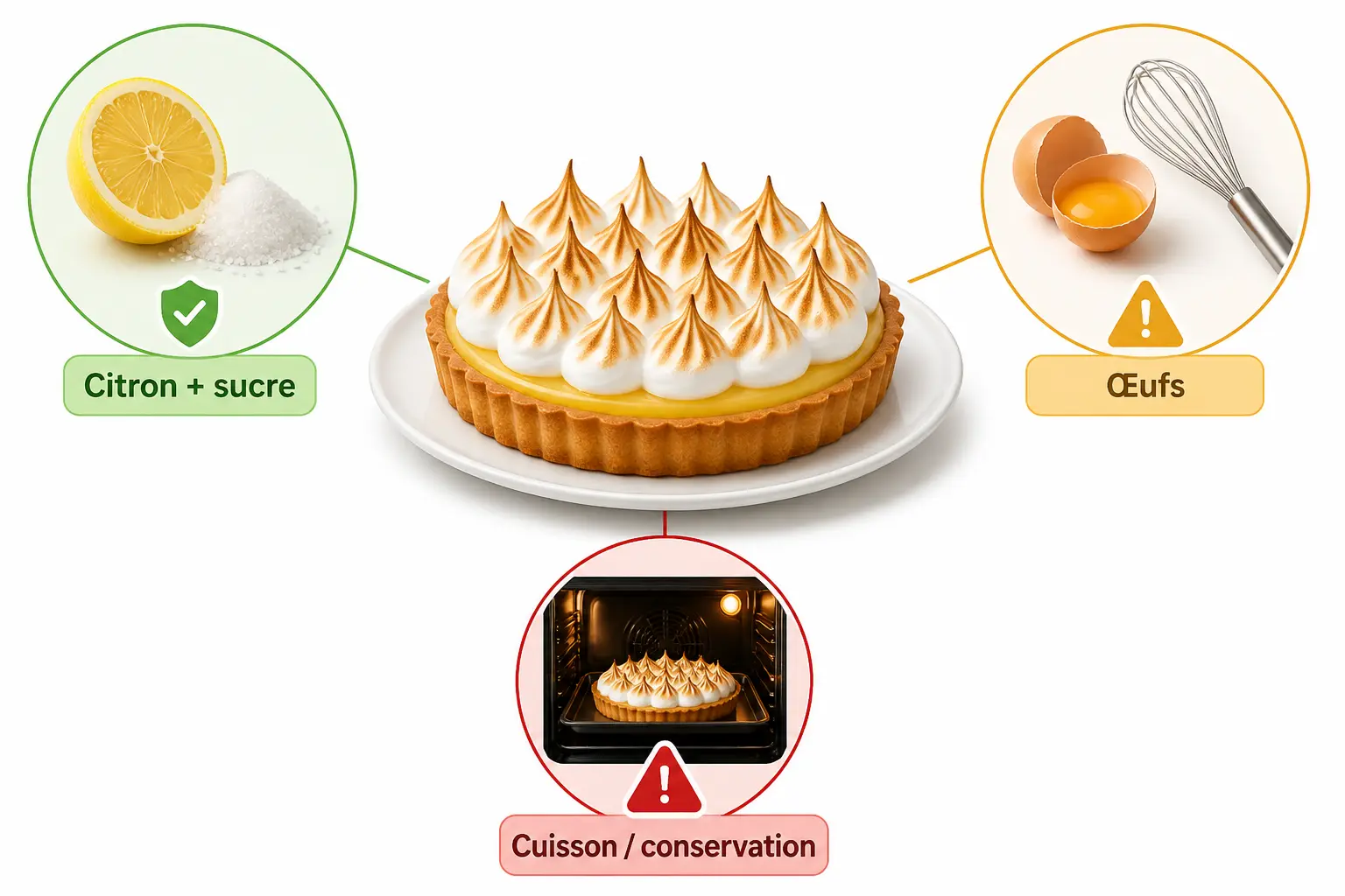 Tarte citron meringuée enceinte : schéma des ingrédients à surveiller, citron + sucre, œufs, cuisson/conservation.