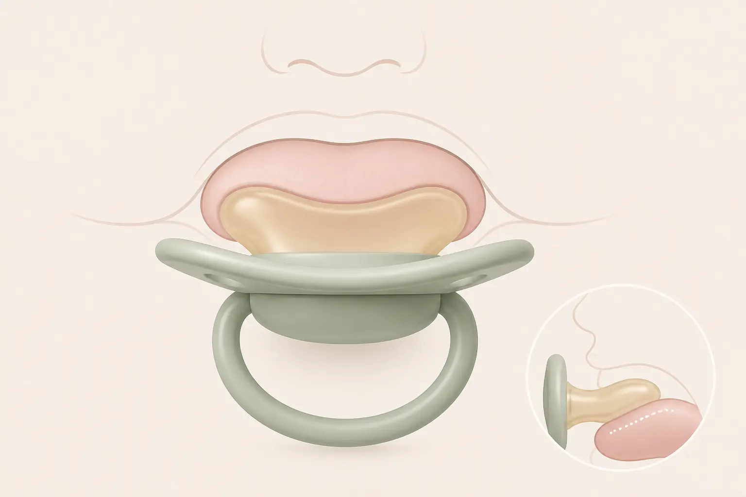 Tétine physiologique bébé en gros plan, forme symétrique aplatie laissant de la place à la langue.