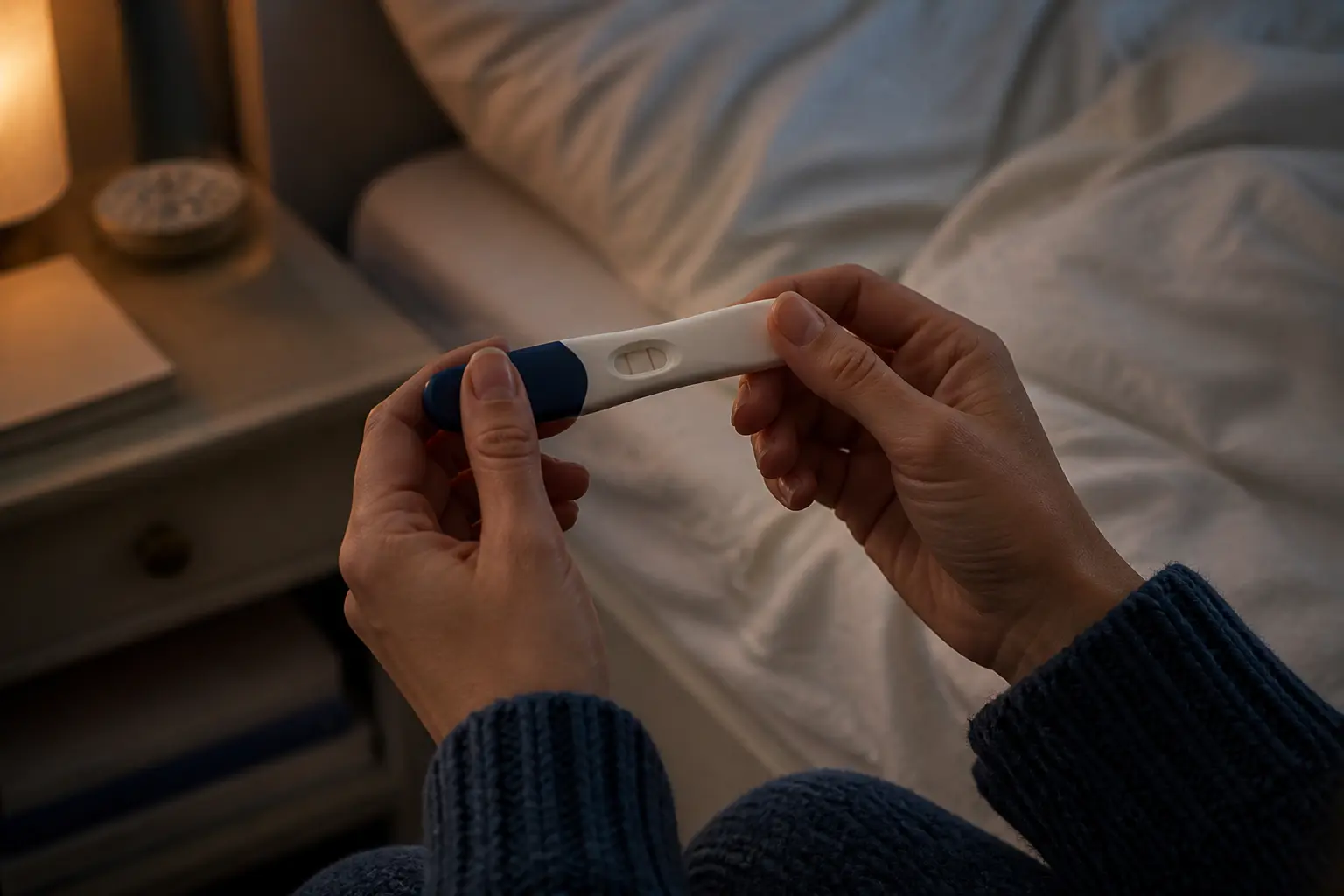 Annonce grossesse : test de grossesse tenu à deux mains tremblantes dans une chambre douce à la lumière du soir