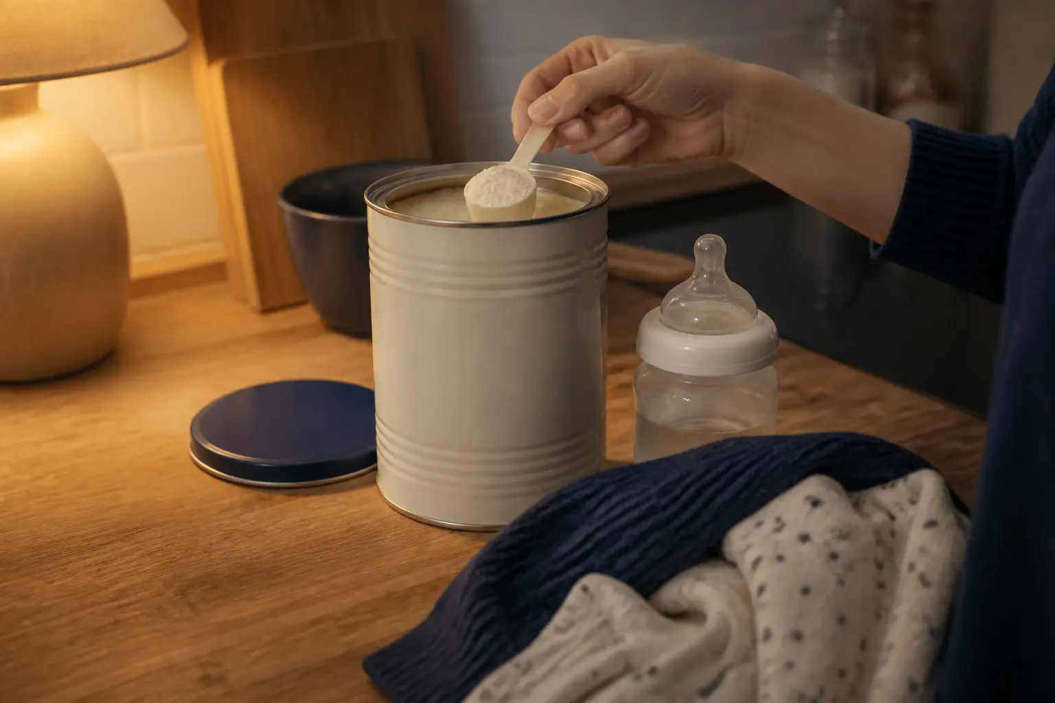 Bebe lait de riz en boîte près d’un biberon sur un plan de cuisine, lumière douce du soir, ambiance calme