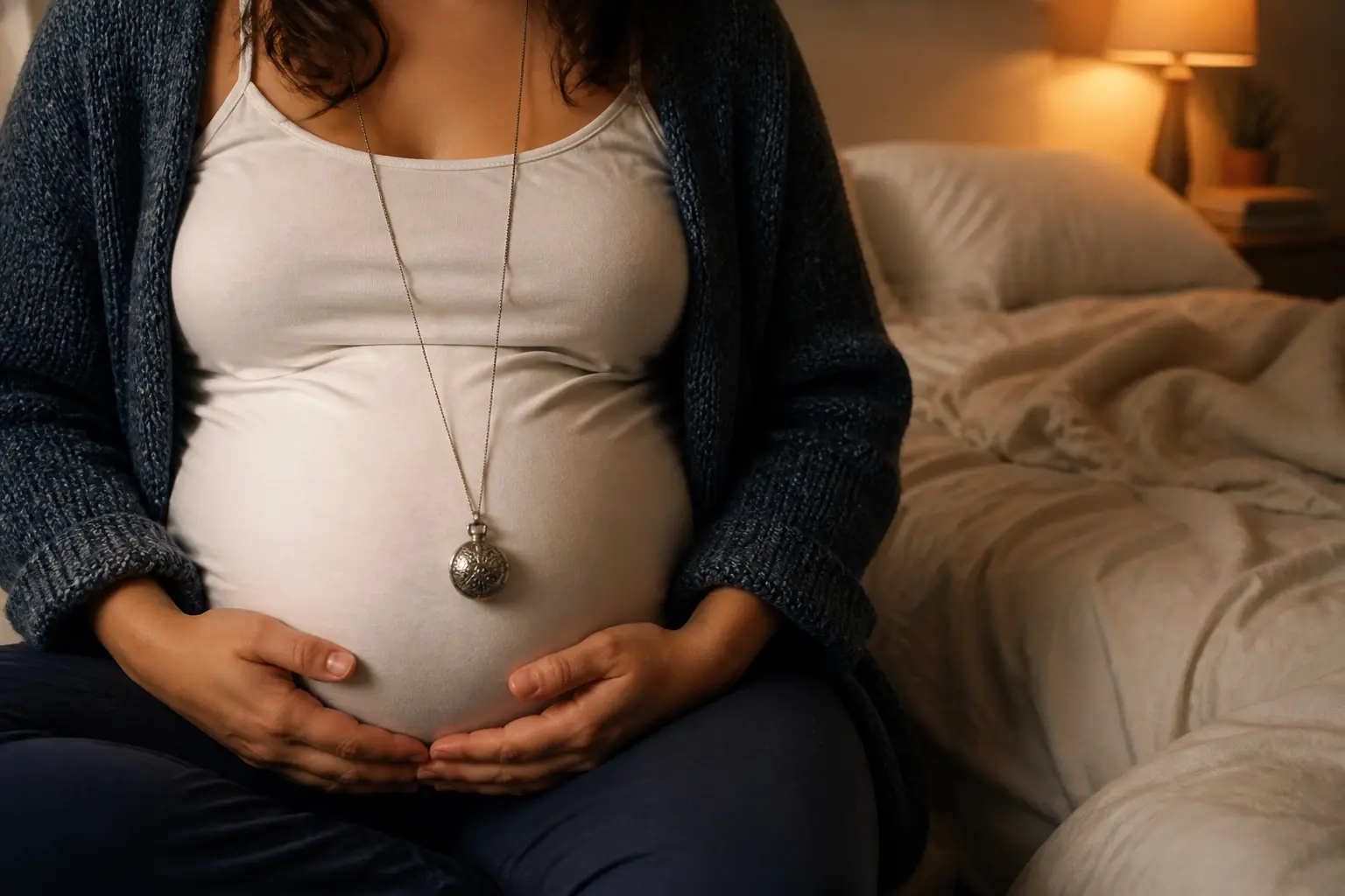 Bola de grossesse dangereux : collier de grossesse sur ventre arrondi, dans une chambre calme au lit défait, lumière chaude douce