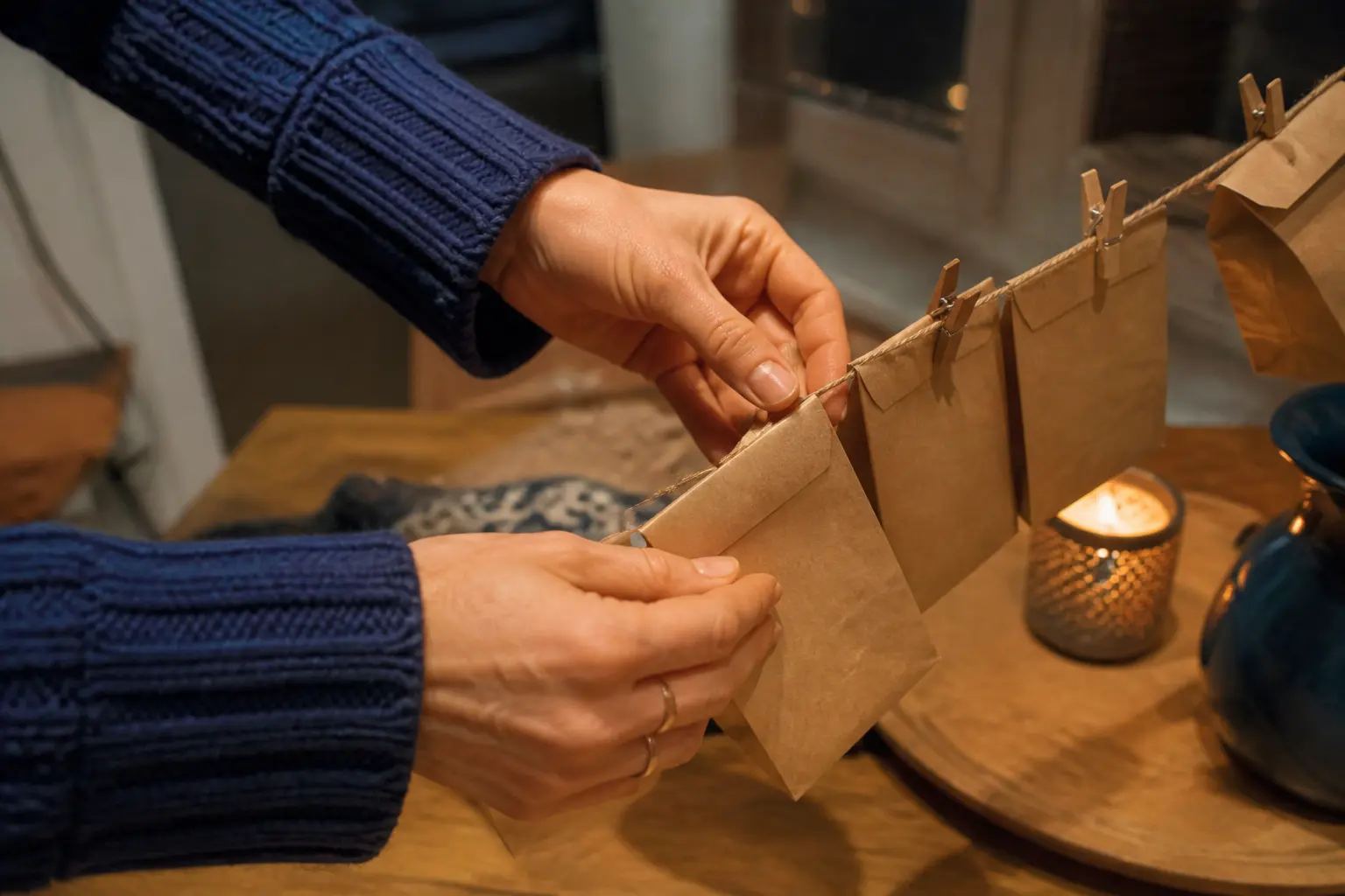 Mains disposant des enveloppes d’un calendrier de l avent fait maison sur une table chaleureuse près d’une fenêtre.