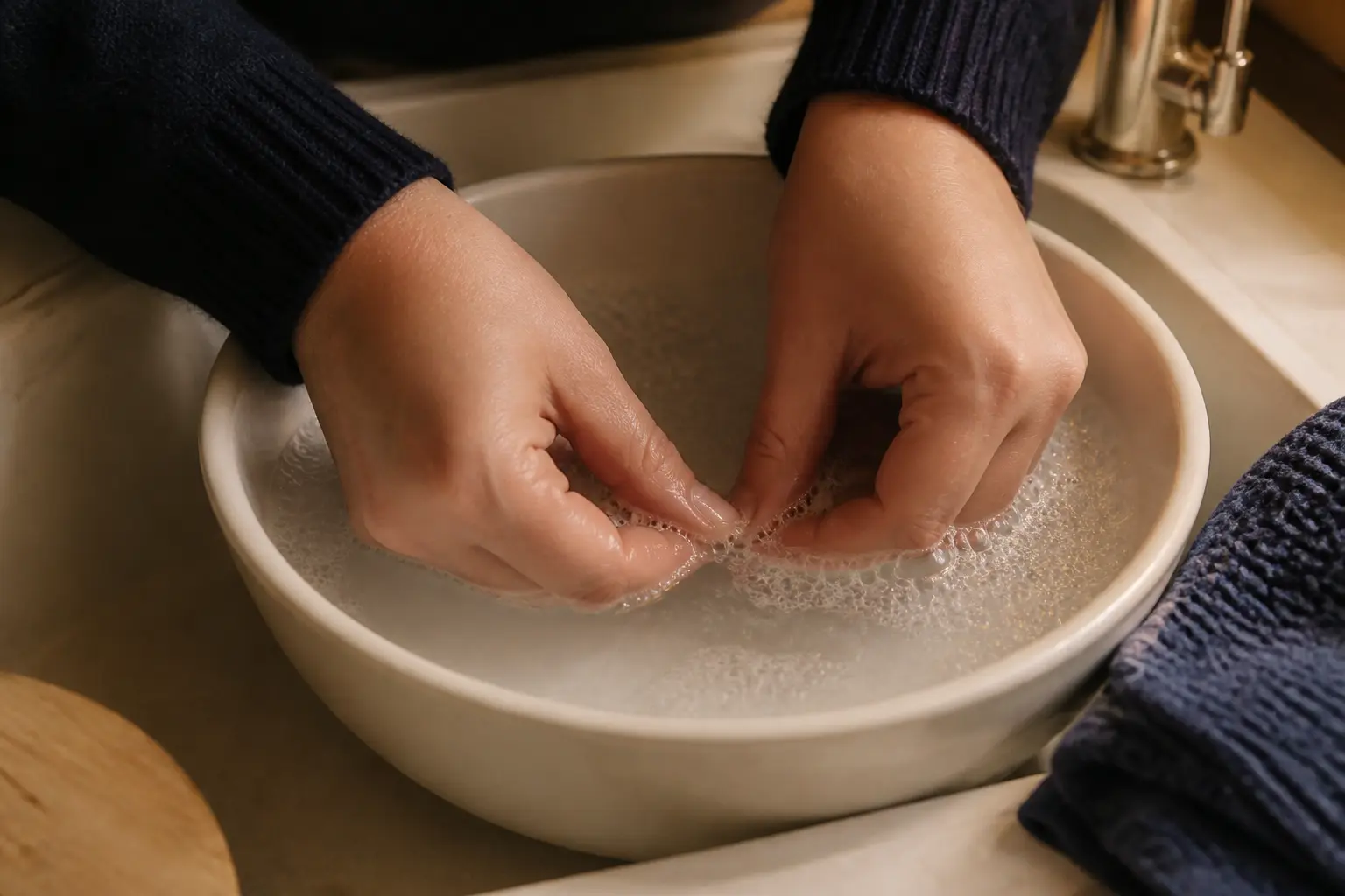 Comment enlever de la glue sur les doigts : doigts collés trempant dans de l’eau savonneuse dans un évier en céramique.