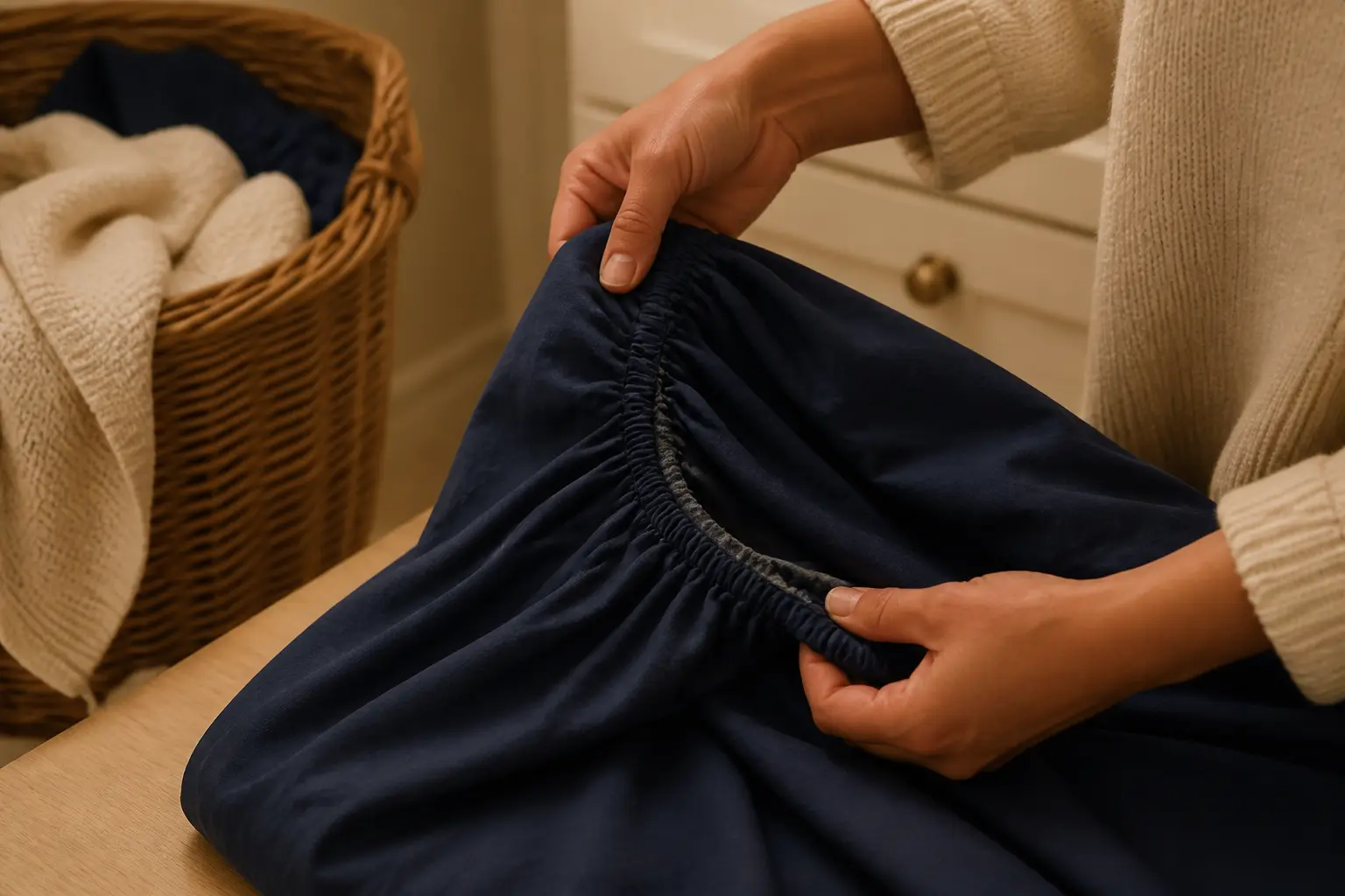 Mains pliant un drap housse dans une buanderie, illustrant comment plier un drap housse avec les coins élastiques.