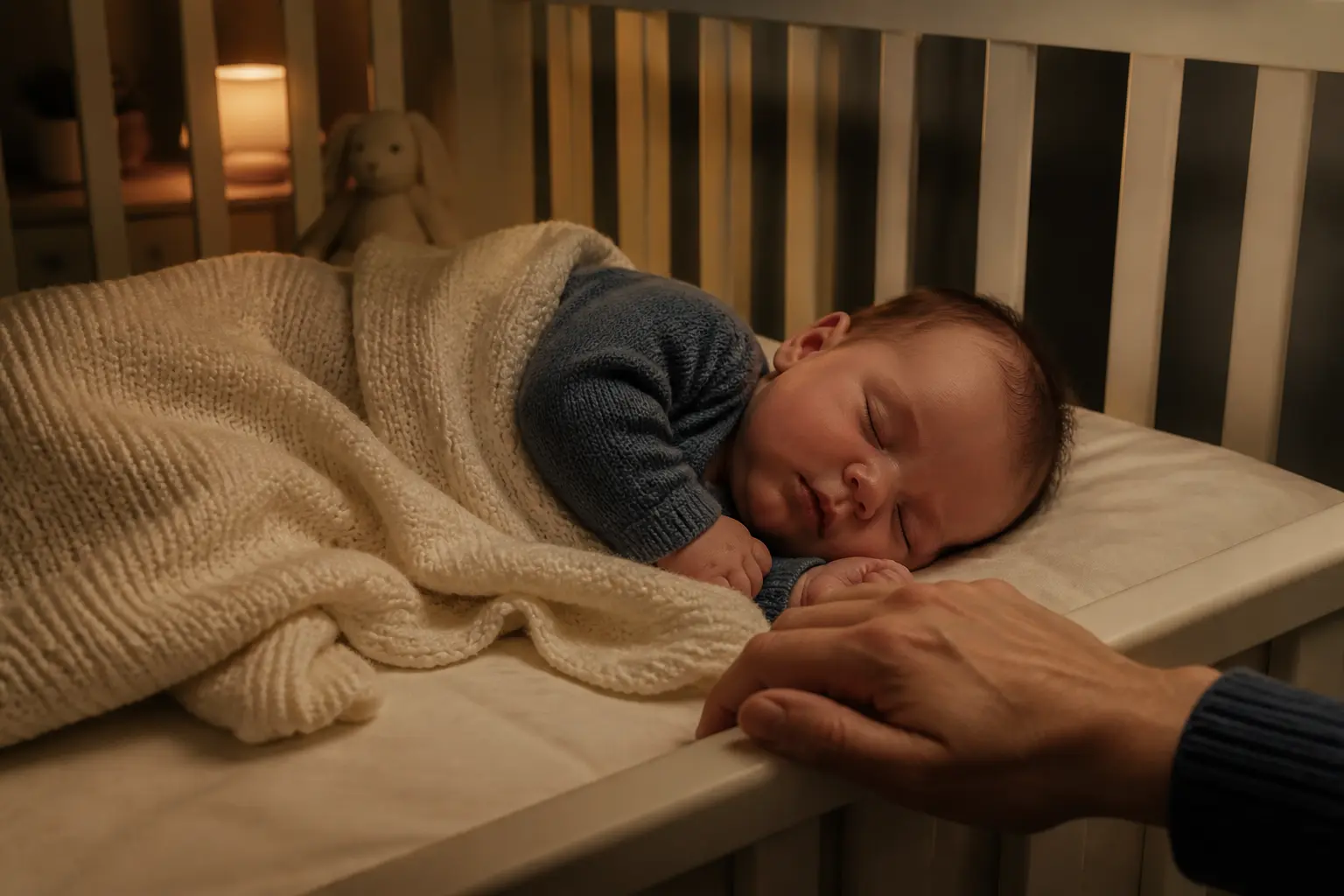 Bébé endormi dans son lit avec la main d’un parent près du bord, illustrant l’endormissement autonome bebe en douceur